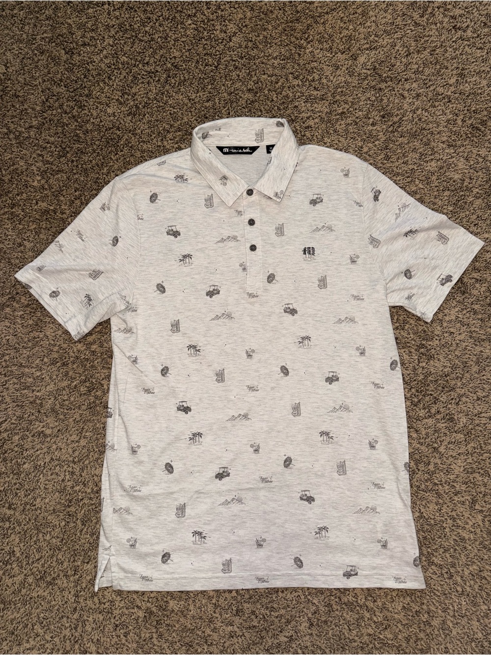Travis Matthew Polo Shirt Mens Medium Gray Golf Casual All Over Print - Picture 2 of 8